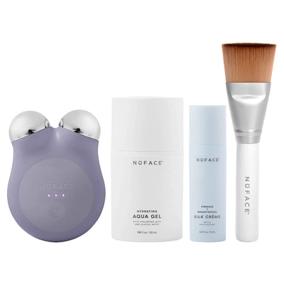 NuFACE Mini+ i violet og de øvrige produkter i startpakken